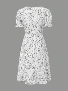 SHEIN Privé 女士不對稱圓點印花泡泡袖連身裙 - 白色 - 查看 4