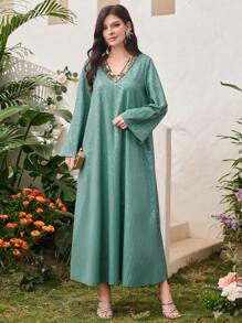 SHEIN Najma 女款幾何印花阿拉伯風格拼布閃亮亮片洋裝 - 綠色 - 查看 5