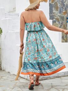 SHEIN VCAY Vestido De Playa Maxi Verde Bohemio Con Estampado Floral Sin Tirantes Para Mujeres. Tallas Grandes Para Vacaciones De Verano
