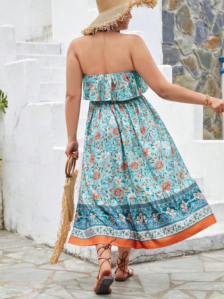 Plus Size Summer Vacation Green Strapless Bohemian Floral Printed Maxi Beach Dress For Women