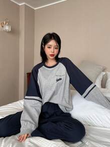 DAZY Ladies' Contrast Insert Raglan Long Sleeve Top & Pants Set With Letter Printed For Home Wear Pajama - Navy Blue - View 5