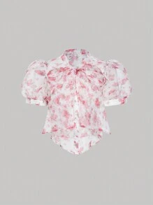 SHEIN MOD Blouse Florale À Manches Courtes Bouffantes Et Col Noué Pour Femmes - Multicolore - Voir 1