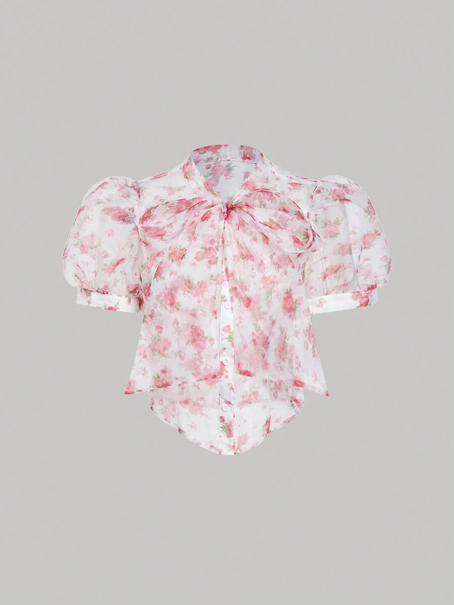 SHEIN MOD Blouse Florale À Manches Courtes Bouffantes Et Col Noué Pour Femmes - Multicolore - Voir 1