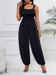 SHEIN Lady 女士純色修身緊腳口連身褲 - 黑色 - 查看 3