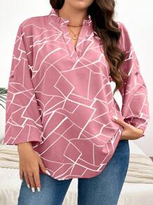 SHEIN Clasi Blusa De Talla Grande Con Estampado Geométrico Y Cuello Con Muescas - Rosa - Ver 3