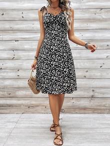 SHEIN VCAY Floral Print Knot Shoulder Cami Sundress - Black - View 6