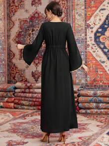 Al Najma Khối màu Thêu Vá lại Cổ chữ V Tay áo chuông Áo choàng Thổ Nhĩ Kỳ - màu đen - Xem 2