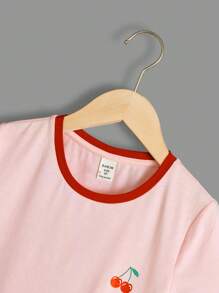 SHEIN 少女針織櫻桃印花撞色口袋綁帶短袖休閒t恤 - 淺粉色 - 查看 6