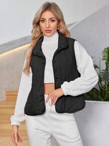 Chaleco sin mangas acolchado con diseño de diamantes de mujer, informal - Negro - Ver 3