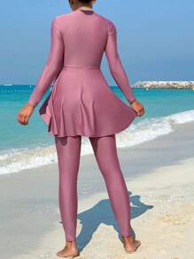 女士無鋼圈純色束腰立領長袖比基尼上衣和下褲