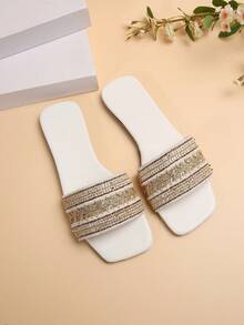 女士白色開框編織帶平底涼鞋,時尚且多功能的羅馬風格休閒鞋 - 白色 - 查看 7