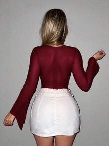 Sweetina Camiseta De Manga Larga Con Lazo Frontal Para Mujer - Burdeos - Ver 2