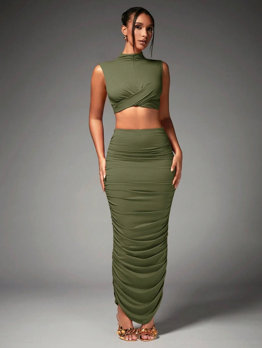 SHEIN BAE Women's High Collar Puffed Sleeve Crop Top With Ruffle Detail And Skirt Two-Piece Set For New Year's Eve Party - Army Green - View 1