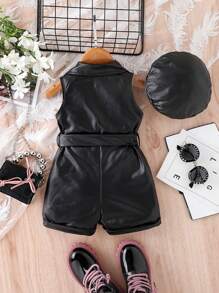 Baby Girl Sleeveless Romper With Notched Collar - Black - View 2