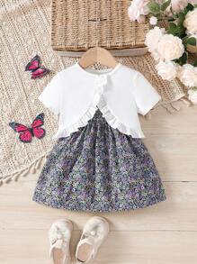 Baby Girl Ditsy Floral Print Ruffle Strap Dress And Short Sleeve Shawl Set For Summer - Multicolor - View 3