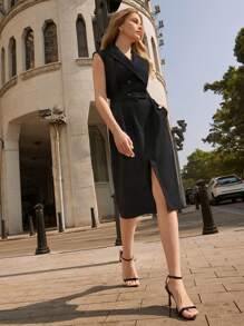 Anewsta Women's Sleeveless Double Breasted Suit Collar Dress