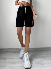 RueChic Slogan Graphic Drawstring Waist Track Shorts - Black - View 4