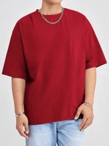 SWAVVY Men's Round Neck Drop Shoulder Knitted Casual T-Shirt, Summer
