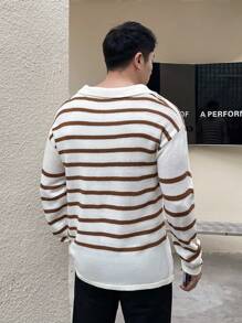 Manfinity Homme Men's Striped Turn-Down Collar Long Sleeve Sweater - White - View 2