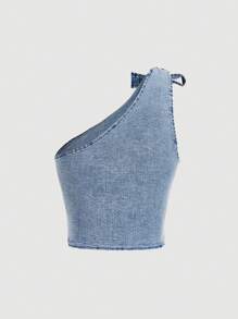 SHEIN MOD Easter Tops Cute Summer Tops Bow Pleater Tops Corset Top Vintage Sweet Ruffled Strap Denim One Shoulder Top For Women, Blue