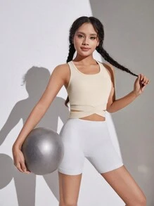 SHEIN 青少女毛織實色紋路交叉背心,空心設計,適用於運動休閒 - 卡其色 - 查看 4