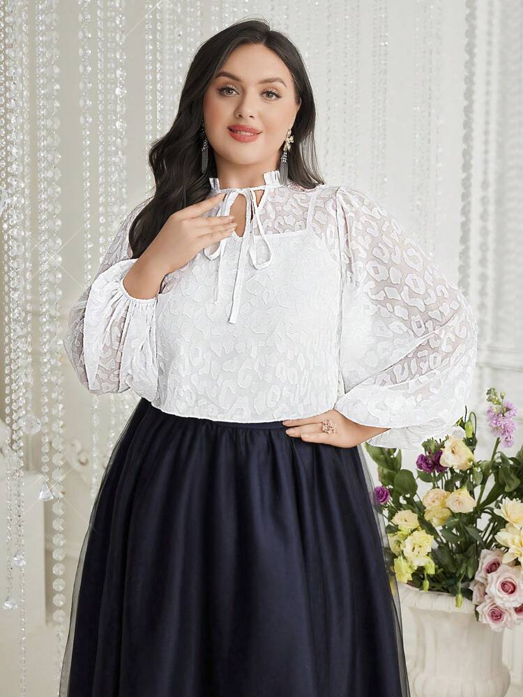 Plus Size Leopard Pattern Jacquard Knot Neck Lantern Sleeve Blouse