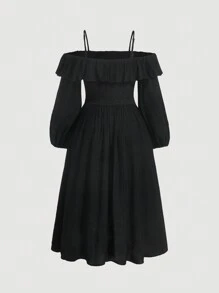 SHEIN MOD Đầm dài tay có viền xù dành cho nữ cỡ lớn - màu đen - Xem 2