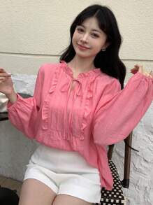 DAZY 女式灯笼袖荷叶边系带长袖衬衫 - 玫紅色 - 查看 4