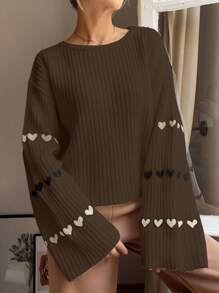 EURMUSE Women's Heart Pattern Round Neck Long Sleeve Sweater - Brown - View 3