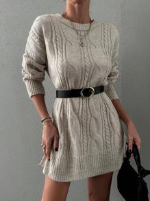 EURMUSE Kabelstickad Fållen Slits Sweater Klänningar utan Bälte - Beige - Visa 3