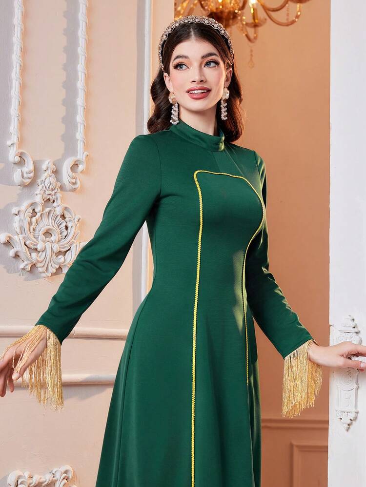 Colorblock-Tassel Detail Integrated Dress Long Evening Dresses Fall Cloth For Women