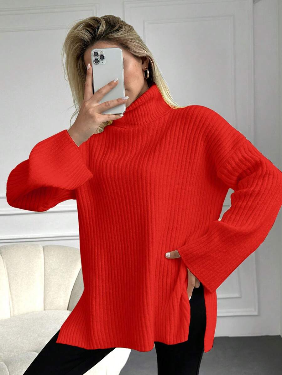 EURMUSE High Neck Drop Shoulder Split Hem Sweater - Red - View 1
