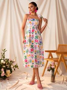 Miriam Omar Vestito da donna stile boho-chic, con stampa floreale, abito da sera elegante, ideale per vacanze, feste, primavera, festival, rave, Ibiza, balli di fine anno, brunch, tea festa