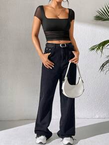 SHEIN PETITE Solid Color Mesh Splice Slim Fit Top - Black - View 6