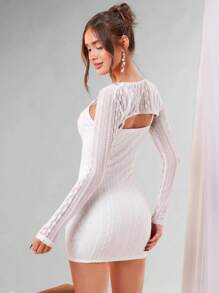 SHEIN BAE Romantic Valentine's Day Women Long Sleeve 2 In 1 Bodycon White Lace Mini Dress For Date Night - White - View 2