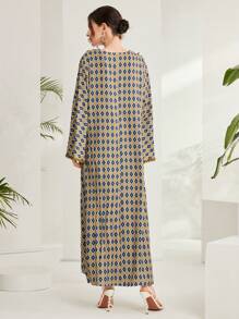 Al Najma Elegant Full Print Spliced Lace Trumpet Sleeves Long Dress, Spring/Summer, Modest Full Length Jalabiya, Casual Long Sleeve Dress, Kaftan