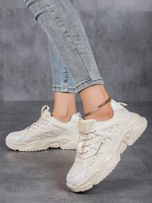 Zapatillas Deportivas De Moda Con Suela Gruesa Y Delantera Deportiva Para Mujeres, Colección Diaria De Zapatos De Mujer Elegantes Y Modernos, Con Gráficos De Colores Y Plataforma Con Cordones, Llevados Para Mujeres Atléticas, Transpirables, Ligeras Y Adecuadas Para Correr Y Deportes Al Aire Libre - Beis - Ver 3