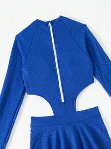 青少女紋理長袖開背一片式泳裝 - 藍色 - 查看 4