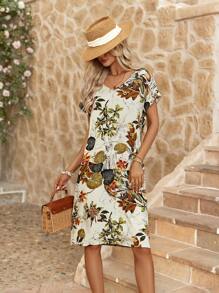 SHEIN LUNE Vestido de manga corta floreado al estilo bohemio y suelto para mujer para vacaciones de primavera y Pascua - Multicolor - Ver 3