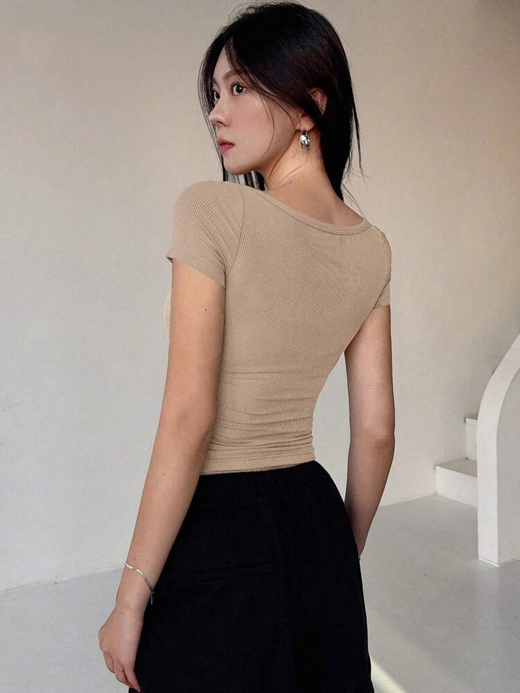 Women's Ribbed Knit T-Shirt With Half-Buttoned Front