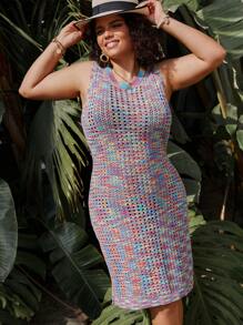 SHEIN LUNE Plus Size Hollow Out Knit Side Slit Sleeveless Sweater Dress - Multicolor - View 6