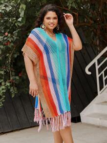 SHEIN Clasi Plus Size Women's Colorful Striped Hollow Out Knitted Sweater Dress - Multicolor - View 4