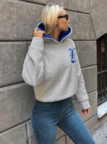 RueChic Letter Graphic Drop Shoulder Hoodie - Light Grey - View 3