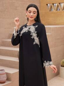 Al Najma Của phụ nữ Váy chữ A Với Vá lại Và Thêu - màu đen - Xem 6