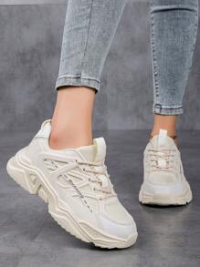 Zapatillas Deportivas De Moda Con Suela Gruesa Y Delantera Deportiva Para Mujeres, Colección Diaria De Zapatos De Mujer Elegantes Y Modernos, Con Gráficos De Colores Y Plataforma Con Cordones, Llevados Para Mujeres Atléticas, Transpirables, Ligeras Y Adecuadas Para Correr Y Deportes Al Aire Libre - Beis - Ver 1