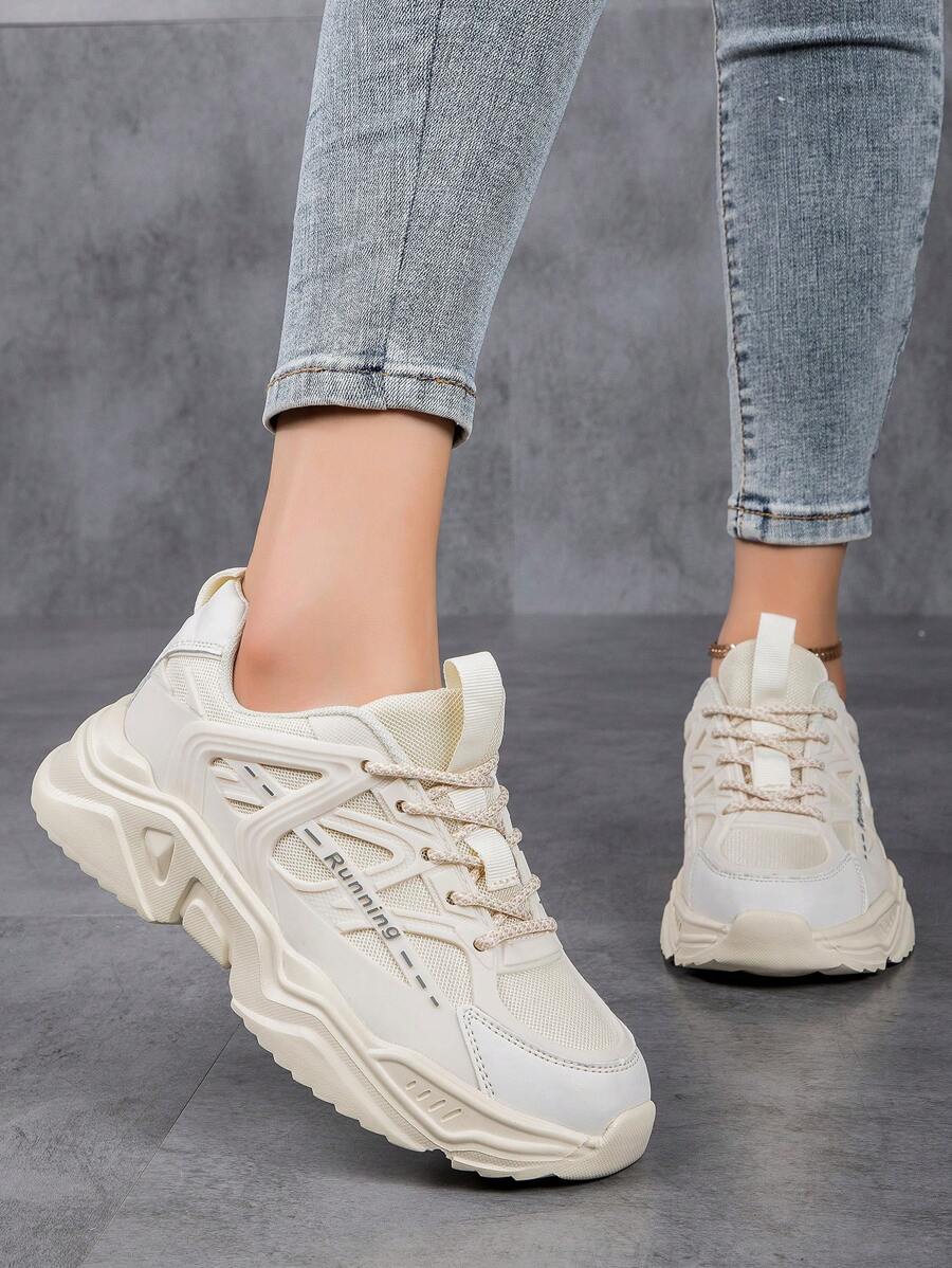 Zapatillas Deportivas De Moda Con Suela Gruesa Y Delantera Deportiva Para Mujeres, Colección Diaria De Zapatos De Mujer Elegantes Y Modernos, Con Gráficos De Colores Y Plataforma Con Cordones, Llevados Para Mujeres Atléticas, Transpirables, Ligeras Y Adecuadas Para Correr Y Deportes Al Aire Libre - Beis - Ver 1