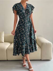 Breezaya Women's Floral Printed Ruffle Sleeve Dress Maxi Women Outfit - Dark Green - View 6