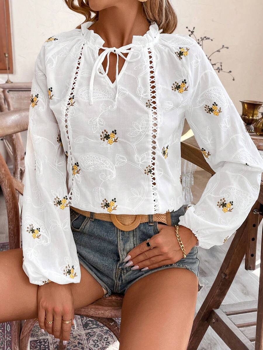 SHEIN Frenchy 假期夏季花卉刺繡氣球袖襯衫 - 白色 - 查看 1