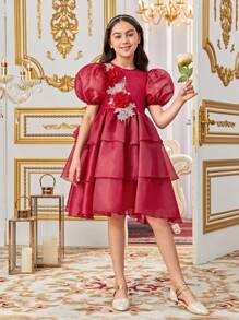 SHEIN Tween女孩華麗泡泡袖3d花裙 - 紅色 - 查看 5