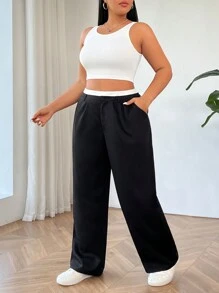 SHEIN EZwear Conjunto De Dos Piezas De Chaleco Y Pantalones De Traje Casual Con Ribete En Contraste De Talla Grande